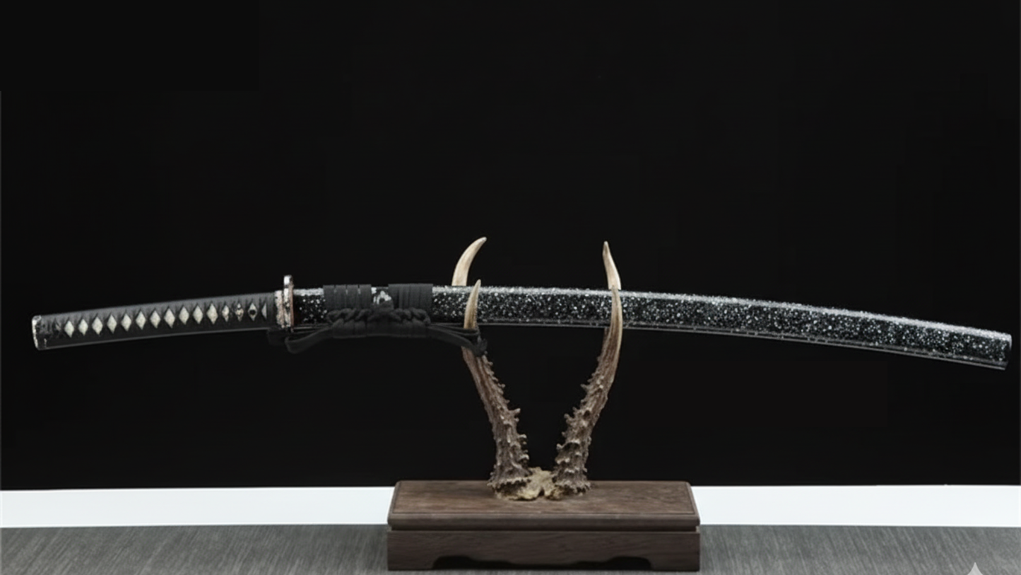 Katana Masamune SS303 — pièce de maître, acier trempé à l'argile, saya nacrée et monture noire — Atelier Katana