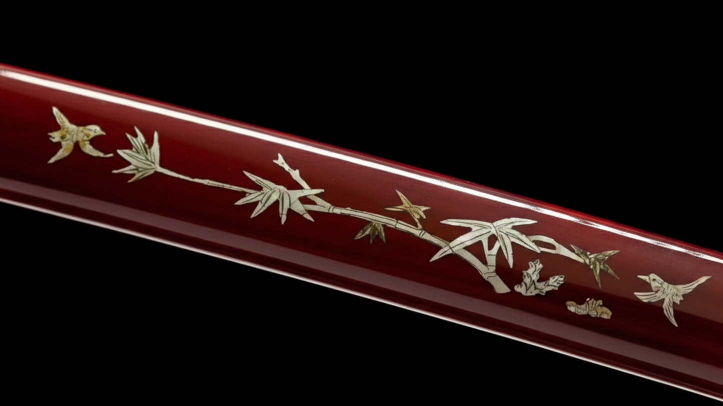 Katana Homura SS561 — saya rouge laqué avec incrustations feuillage et oiseaux — Atelier Katana