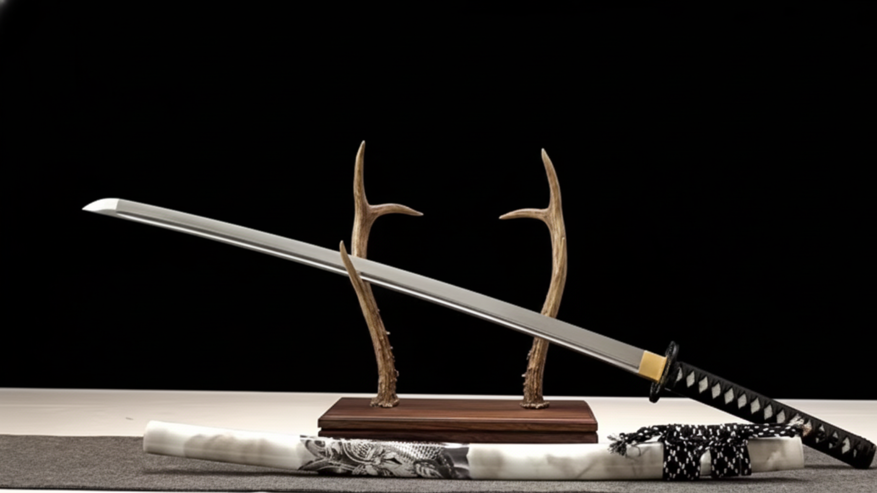 Katana Hakusen SS556 — acier T10 trempé à l'argile avec hamon réel, saya blanc veiné — Atelier Katana