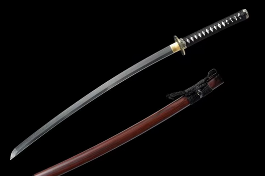 Katana Ryūka SS260 — acier T10 trempé à l'argile, tsuba dragon laiton et saya rouge — Atelier Katana