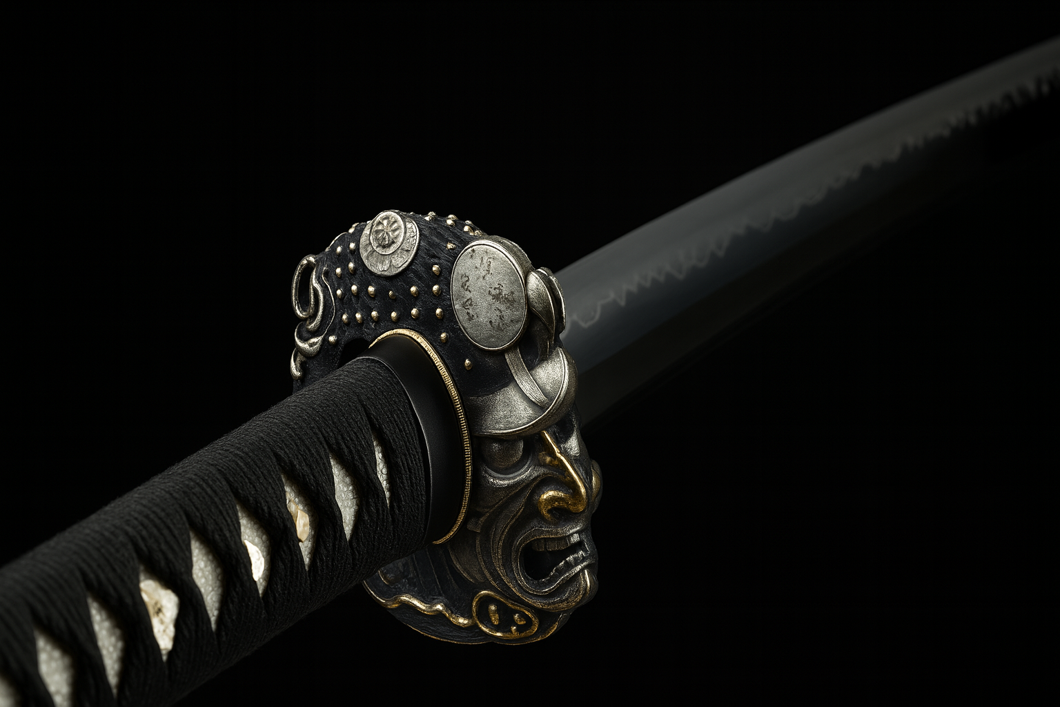 Katana Bushō SS432 — forgé et poli à la main, hamon réel, tsuba samouraï bicolore or et argent — Atelier Katana