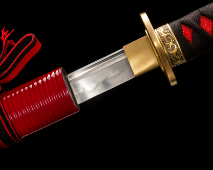Katana Momiji 9505020 — forgé et poli à la main, saya blanche ornée de motifs floraux rouges — Atelier Katana