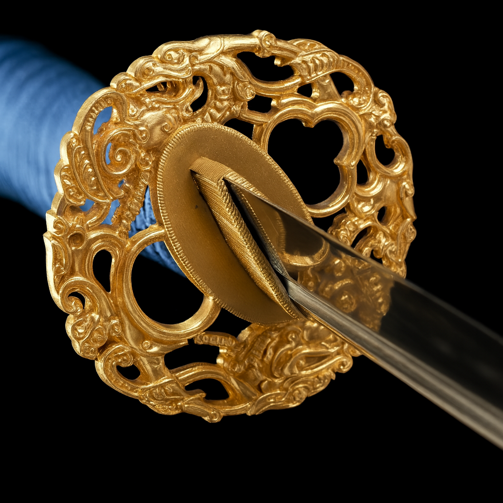 Katana Raikō SS597 — acier damassé forgé à la main, saya bleu profond et tsuba en laiton — Atelier Katana