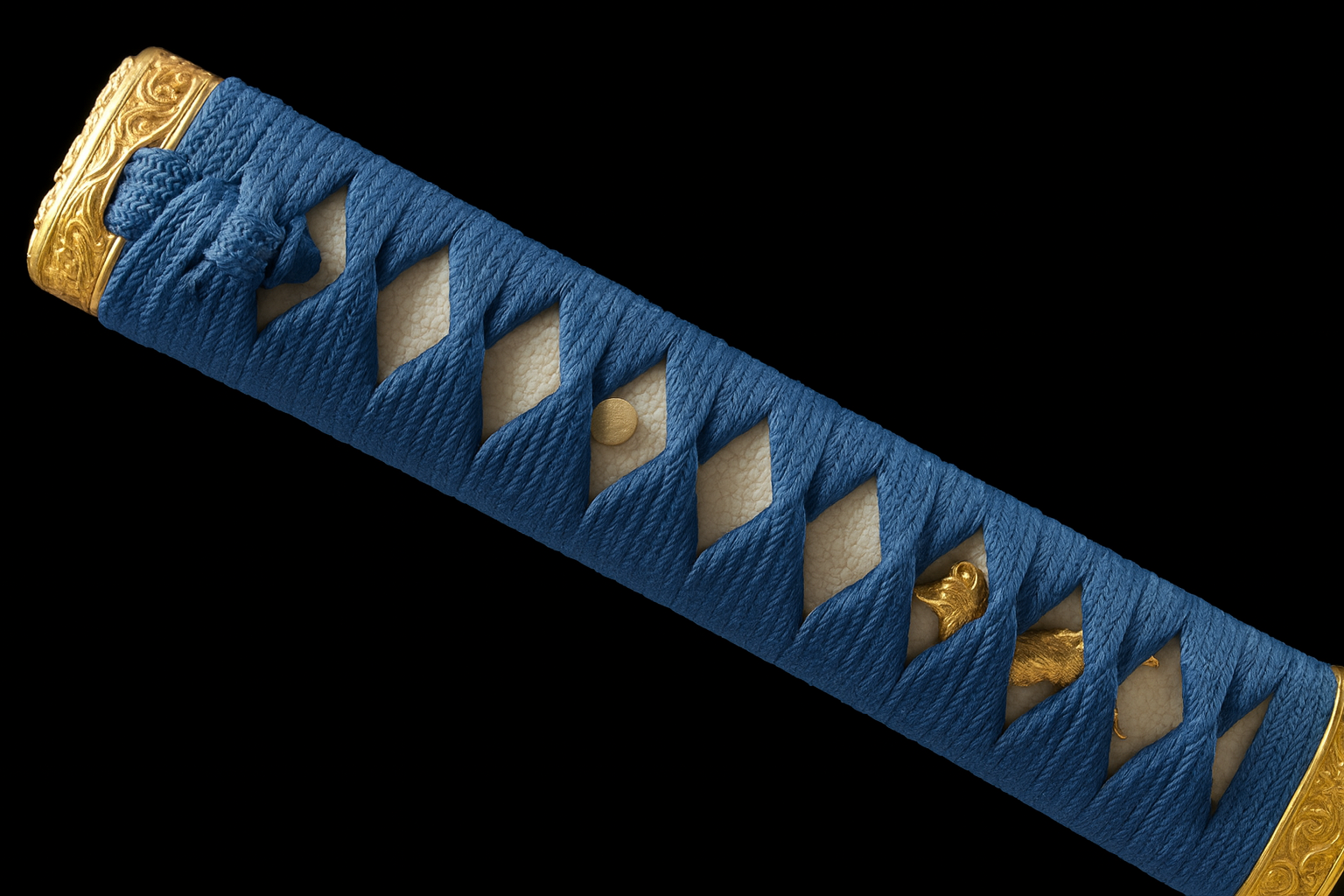 Katana Raikō SS597 — acier damassé forgé à la main, saya bleu profond et tsuba en laiton — Atelier Katana