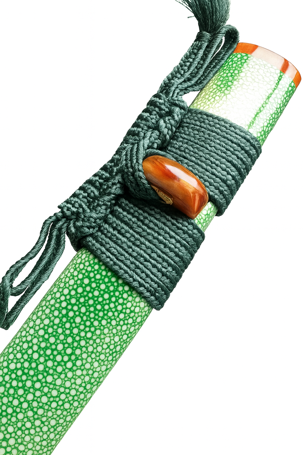 Katana Midori SS238 — saya en rayskin vert texturé et tsuba cuivrée, forgé à la main — Atelier Katana