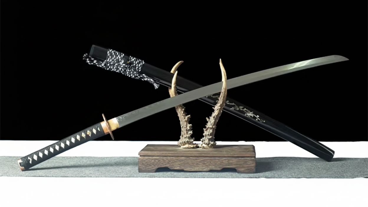 Katana Hanagin SS554 — trempé à l'argile, hamon réel, saya gravée à motifs floraux incrustés de nacre — Atelier Katana