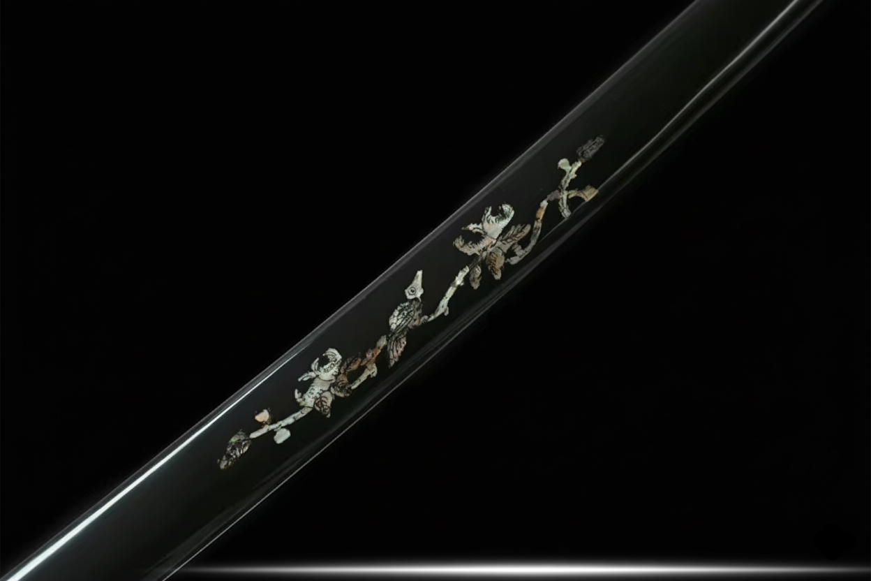 Katana Hanagin SS554 — trempé à l'argile, hamon réel, saya gravée à motifs floraux incrustés de nacre — Atelier Katana